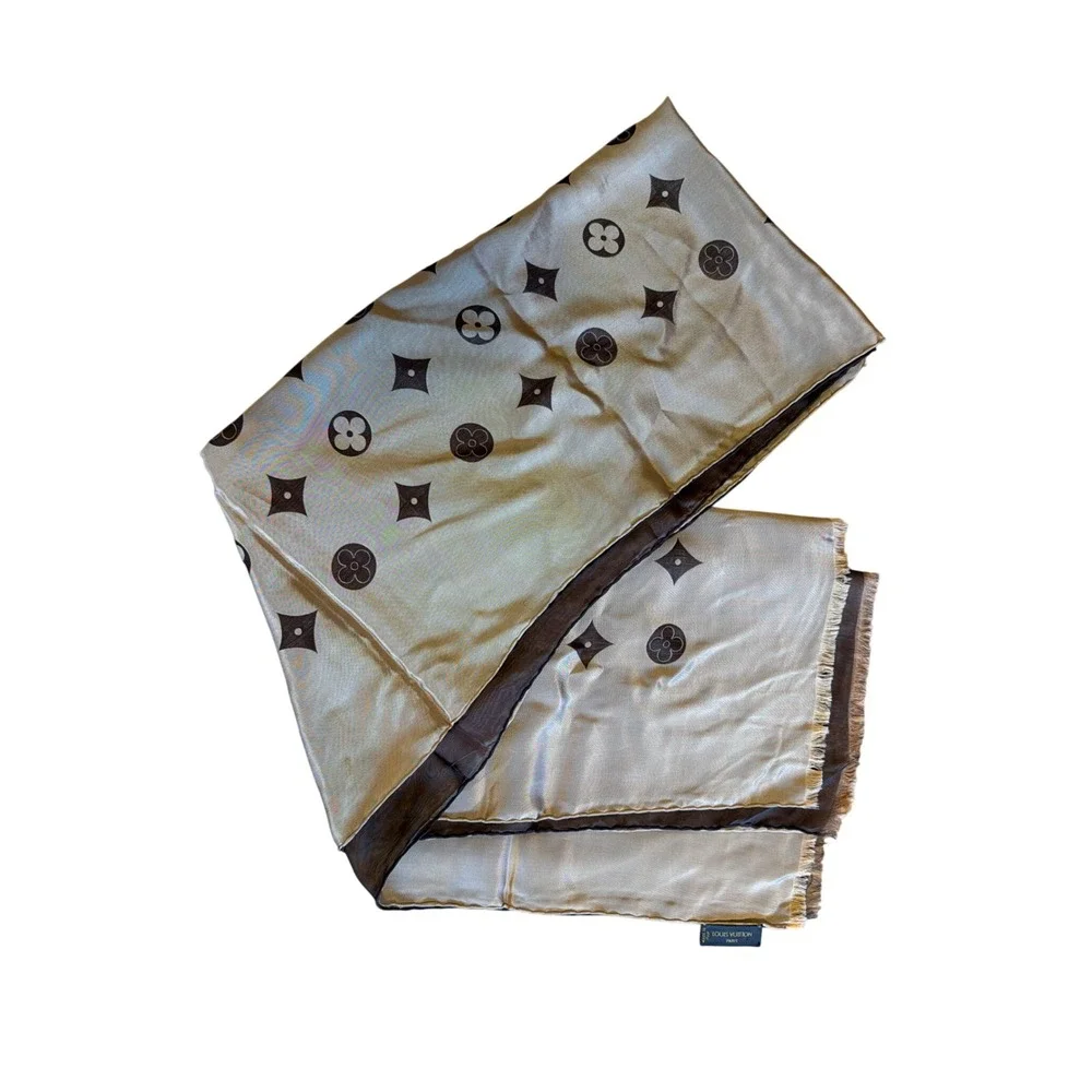 Louis Vuitton VL Silk Monogram Fleur Stole Brown Gold Reversible St Petersburg
